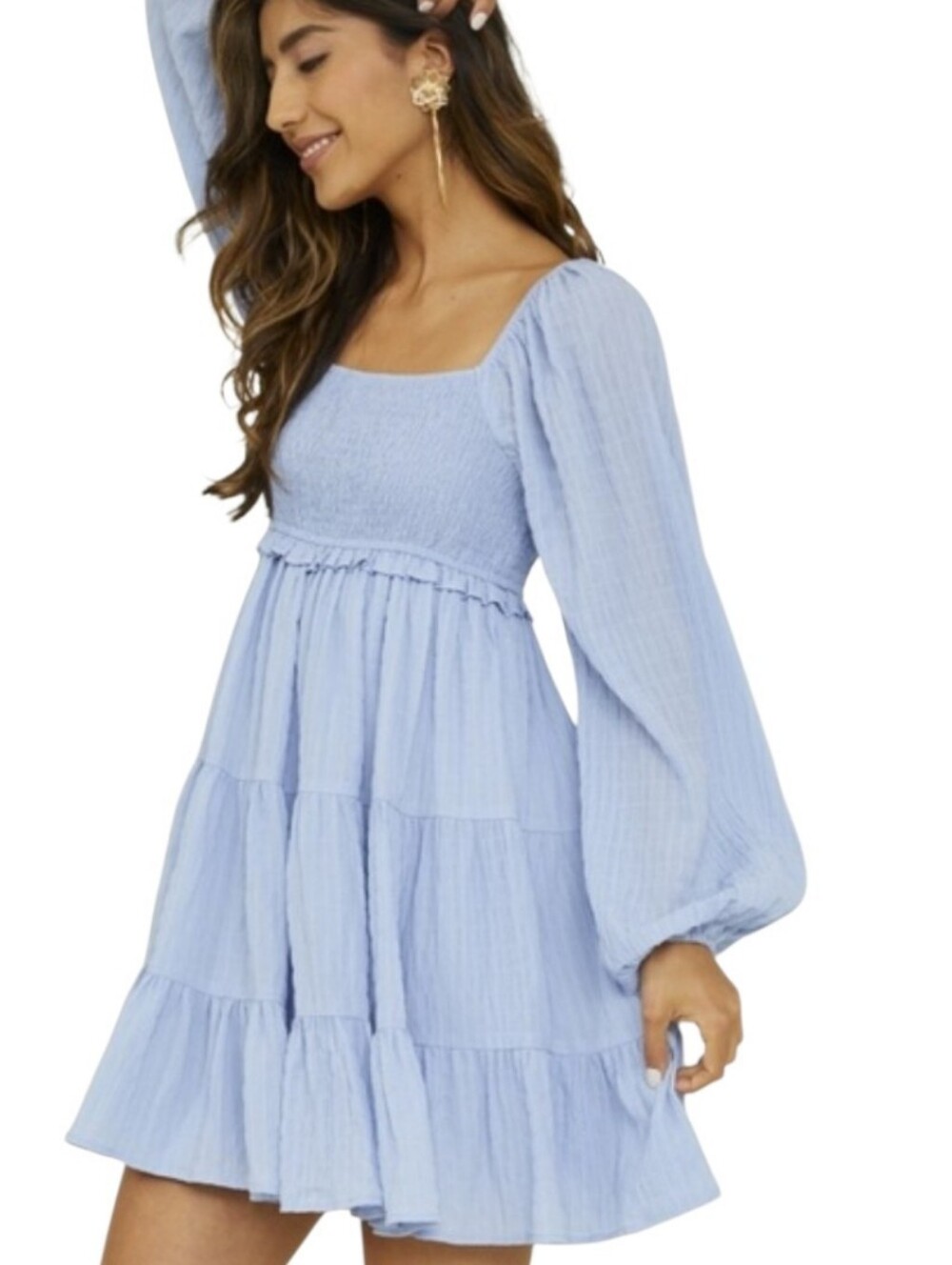 Altr'd State Light Blue Smocked Tiered Mini Dress with Long Puff Sleeves Size M